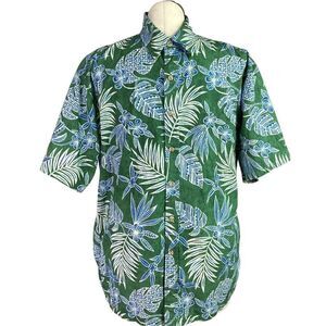 Cooke Street Hawaiian Shirt Men L Green Blue Palms Short Sleeve Tiki Tapas Camp